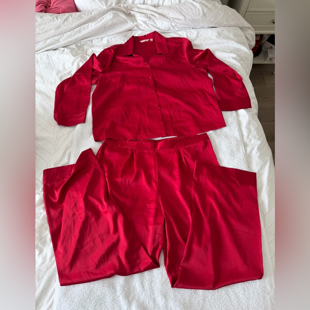 La Vie En Rose Red Satin Two-Piece Set